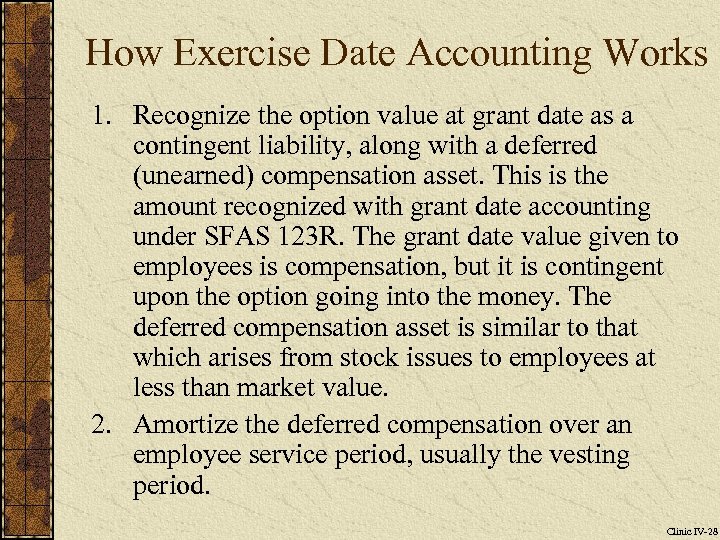 How Exercise Date Accounting Works 1. Recognize the option value at grant date as
