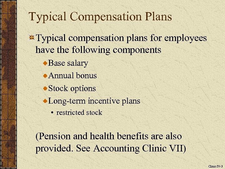 Typical Compensation Plans Typical compensation plans for employees have the following components Base salary