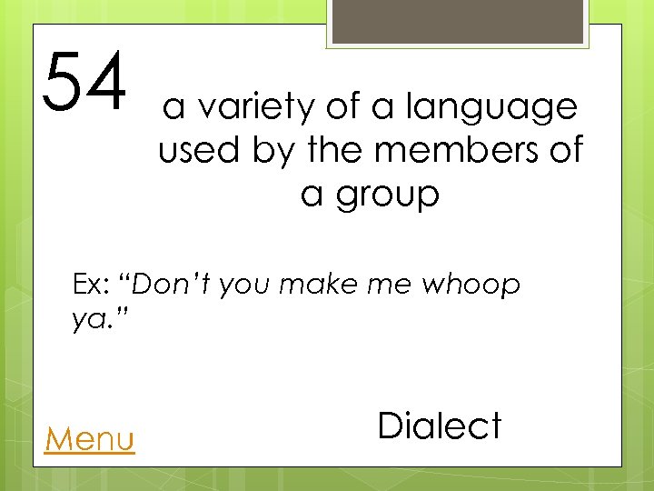 54 a variety of a language used by the members of a group Ex: