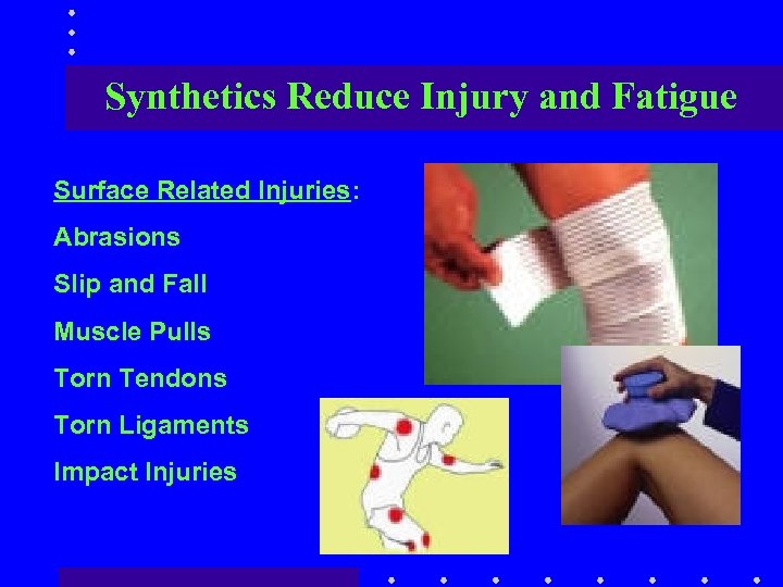 Synthetics Reduce Injury and Fatigue Surface Related Injuries: Abrasions Slip and Fall Muscle Pulls