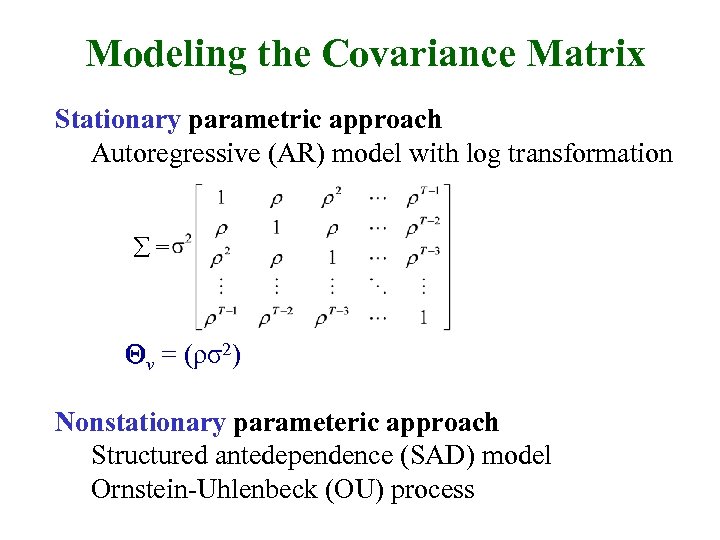 Modeling the Covariance Matrix Stationary parametric approach Autoregressive (AR) model with log transformation =