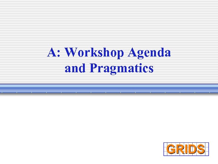 A: Workshop Agenda and Pragmatics 