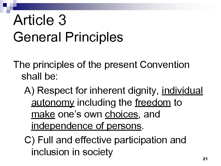 Article 3 General Principles The principles of the present Convention shall be: A) Respect