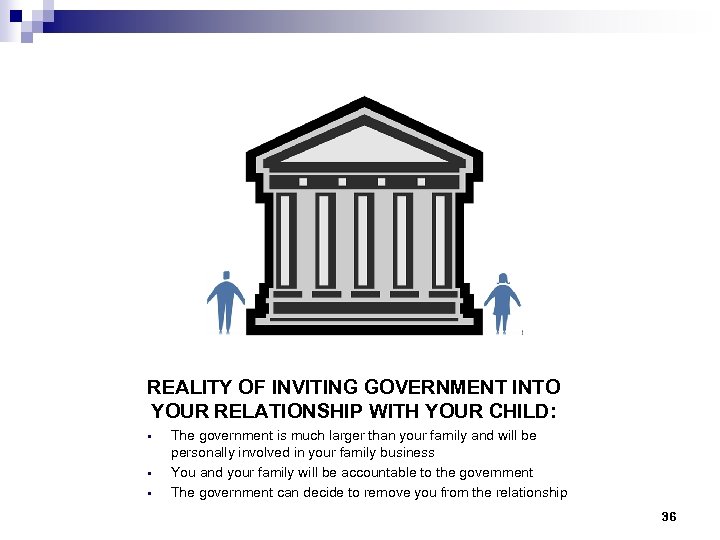 REALITY OF INVITING GOVERNMENT INTO YOUR RELATIONSHIP WITH YOUR CHILD: • • • The