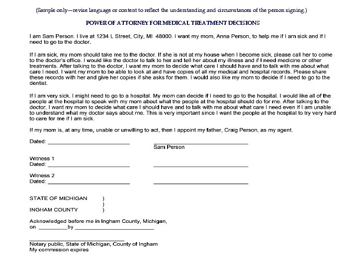 (Sample only—revise language or content to reflect the understanding and circumstances of the person
