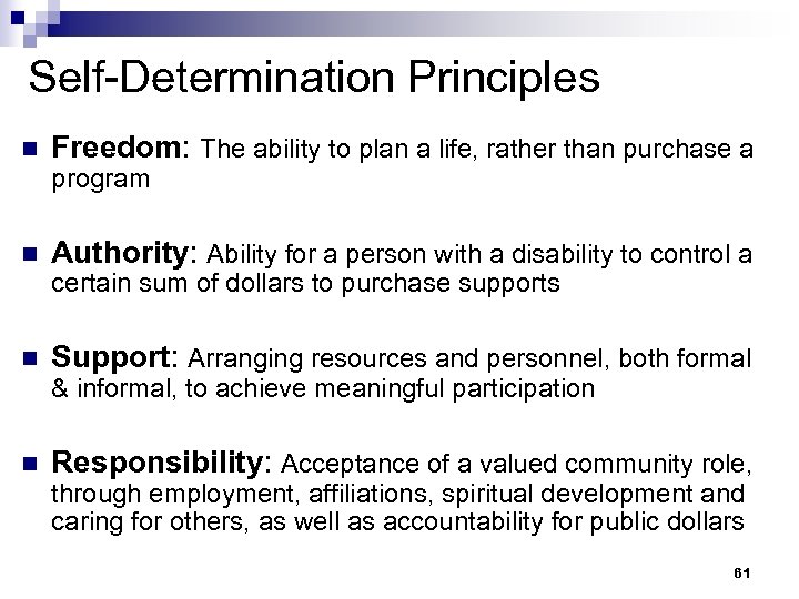 Self-Determination Principles n Freedom: The ability to plan a life, rather than purchase a