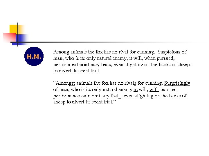 H. M. Among animals the fox has no rival for cunning. Suspicious of man,