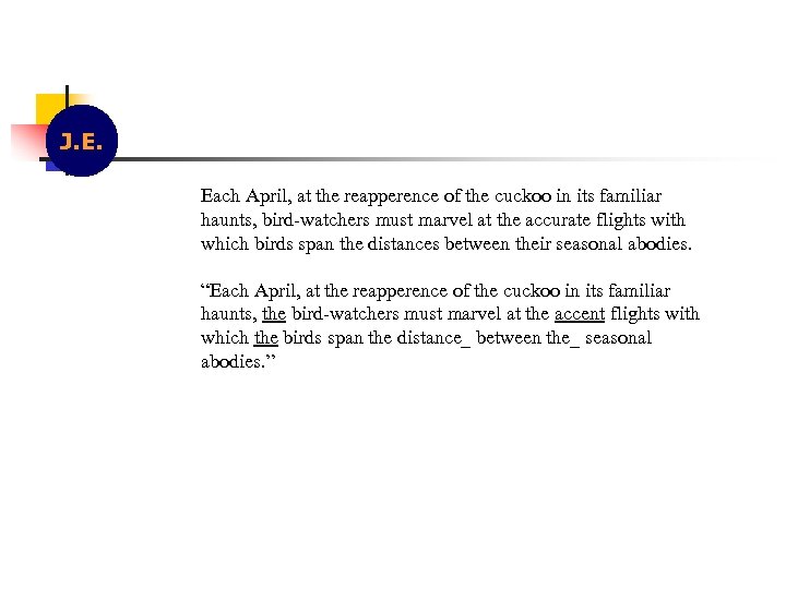 J. E. Each April, at the reapperence of the cuckoo in its familiar haunts,
