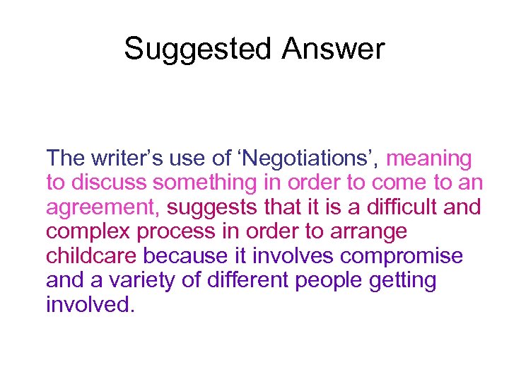 Suggested Answer The writer’s use of ‘Negotiations’, meaning to discuss something in order to