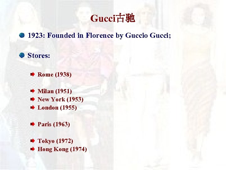 Gucci古驰 1923: Founded in Florence by Guccio Gucci; Stores: Rome (1938) Milan (1951) New