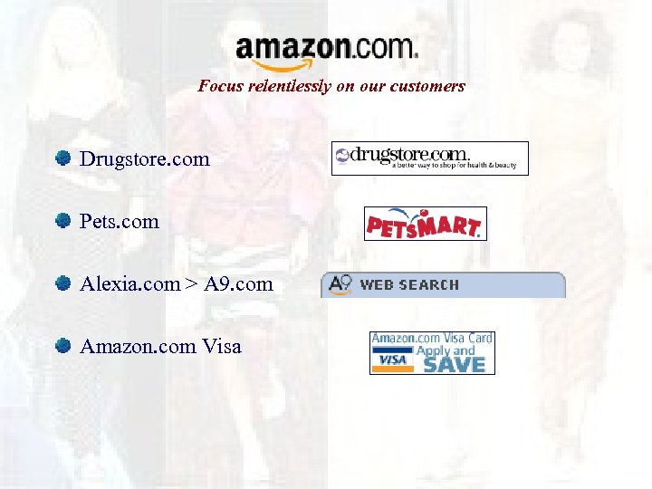 Focus relentlessly on our customers Drugstore. com Pets. com Alexia. com > A 9.