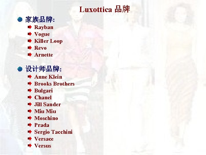 Luxottica 品牌 家族品牌: Rayban Vogue Killer Loop Revo Arnette 设计师品牌: Anne Klein Brooks Brothers