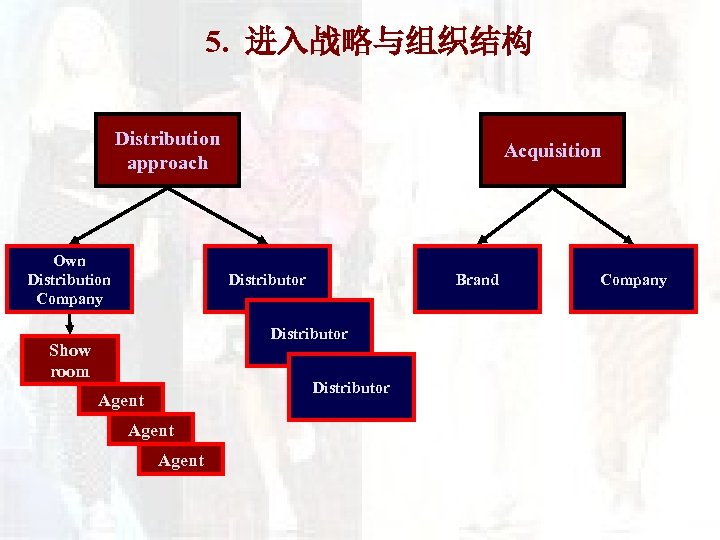 5. 进入战略与组织结构 Distribution approach Own Distribution Company Acquisition Distributor Brand Distributor Show room Distributor