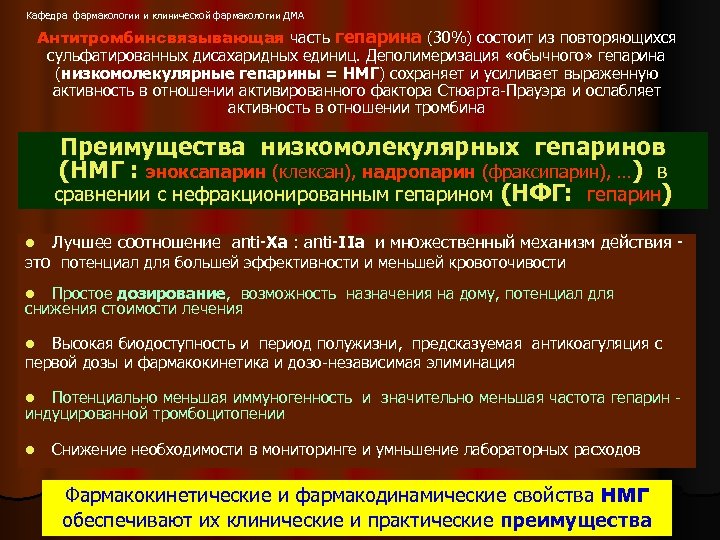 Кафедра фармакологии и клинической фармакологии ДМА Антитромбинсвязывающая часть гепарина (30%) состоит из повторяющихся сульфатированных