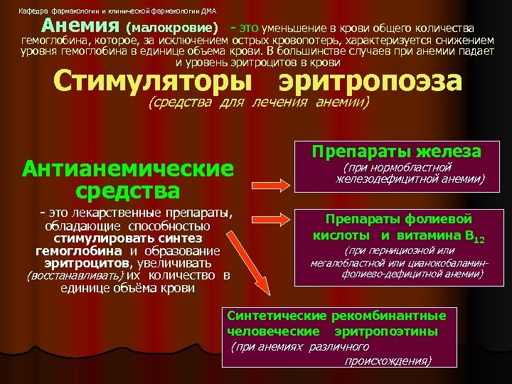 Кафедра фармакологии и клинической фармакологии ДМА Анемия (малокровие) - это уменьшение в крови общего