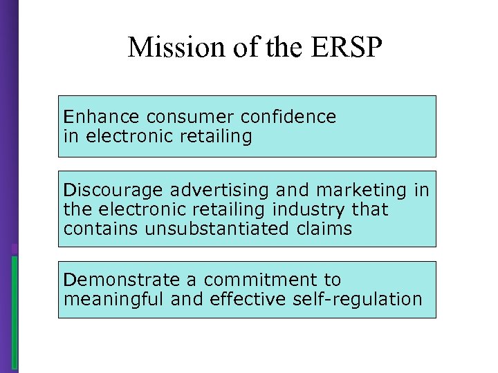 Mission of the ERSP Enhance consumer confidence in electronic retailing Discourage advertising and marketing