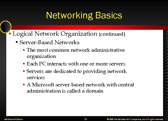 Networking Basics • Logical Network Organization (continued) • Server-Based Networks • The most common