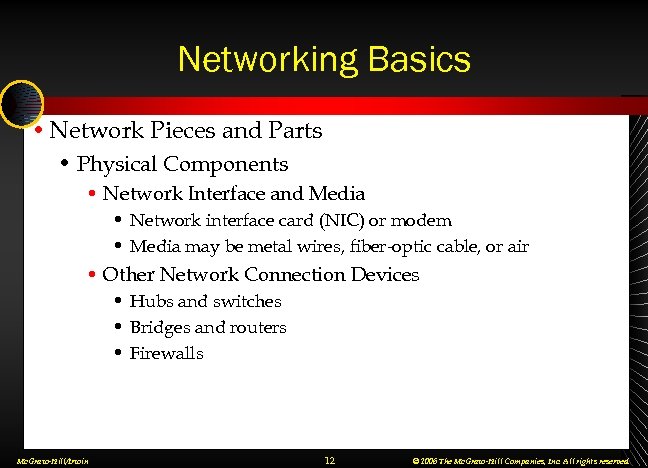 Networking Basics • Network Pieces and Parts • Physical Components • Network Interface and