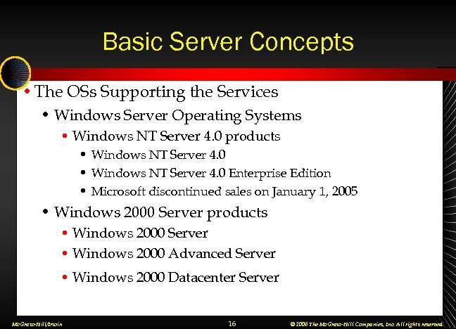 Basic Server Concepts • The OSs Supporting the Services • Windows Server Operating Systems