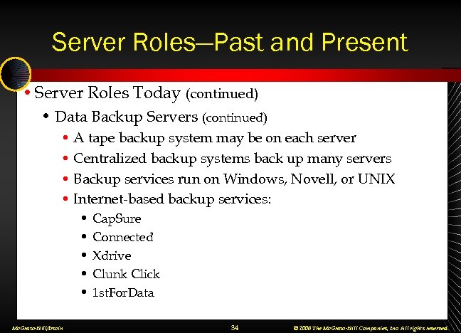 Server Roles—Past and Present • Server Roles Today (continued) • Data Backup Servers (continued)