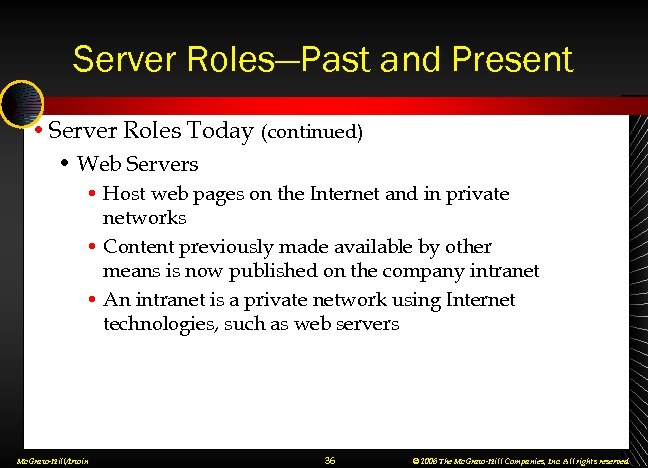 Server Roles—Past and Present • Server Roles Today (continued) • Web Servers • Host