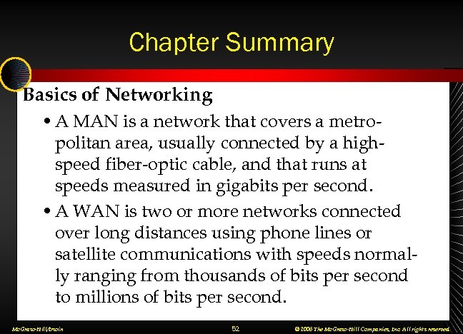 Chapter Summary Basics of Networking • A MAN is a network that covers a