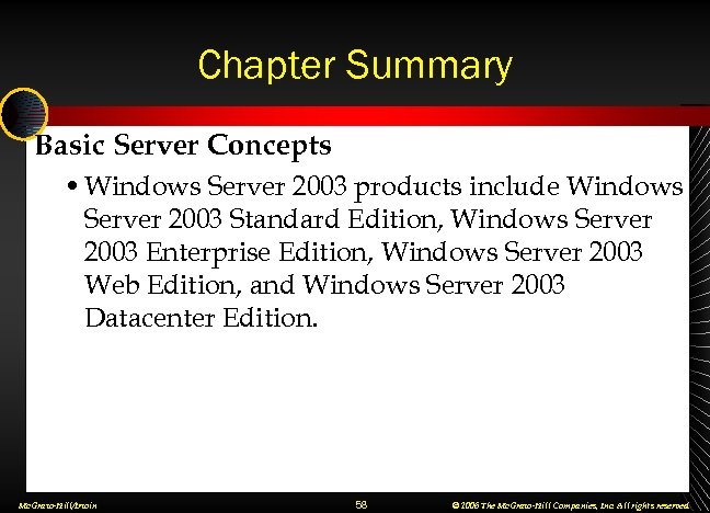 Chapter Summary Basic Server Concepts • Windows Server 2003 products include Windows Server 2003