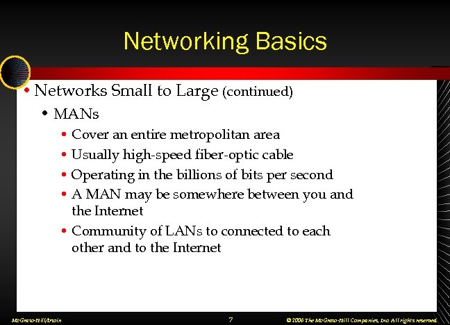 Networking Basics • Networks Small to Large (continued) • MANs • Cover an entire