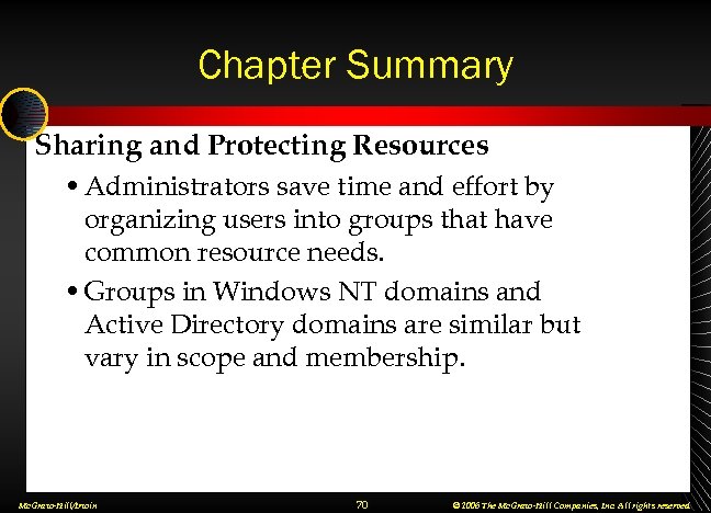 Chapter Summary Sharing and Protecting Resources • Administrators save time and effort by organizing