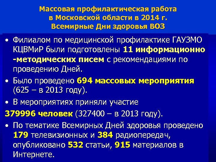 Массовая профилактическая работа в Московской области в 2014 г. Всемирные Дни здоровья ВОЗ •