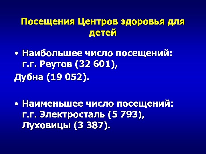 Посещения Центров здоровья для детей • Наибольшее число посещений: г. г. Реутов (32 601),