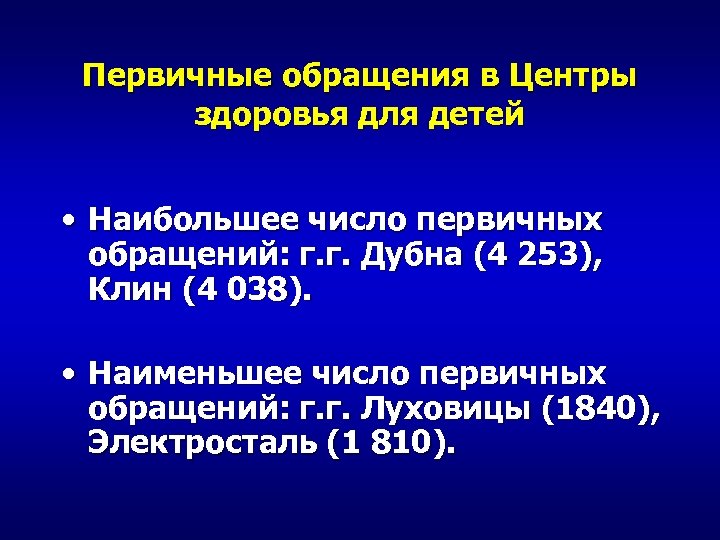 Первичные обращения в Центры здоровья для детей • Наибольшее число первичных обращений: г. г.