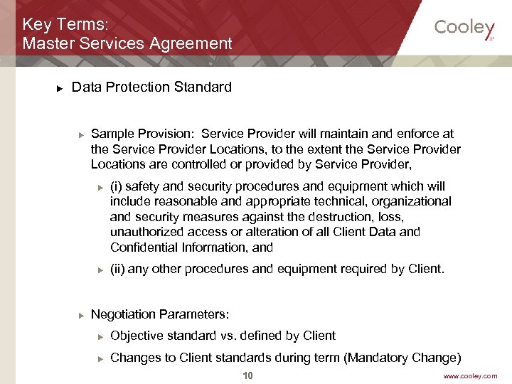 Key Terms: Master Services Agreement u Data Protection Standard u Sample Provision: Service Provider