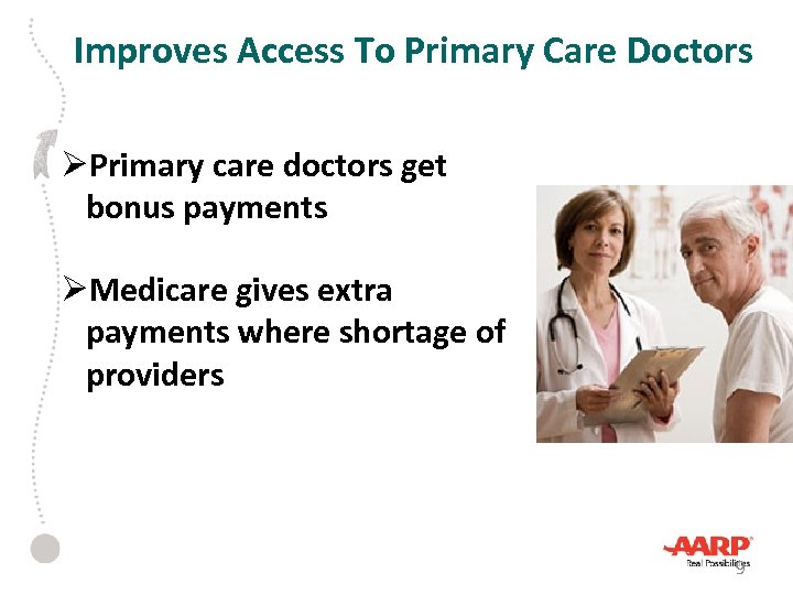 Improves Access To Primary Care Doctors ØPrimary care doctors get bonus payments ØMedicare gives