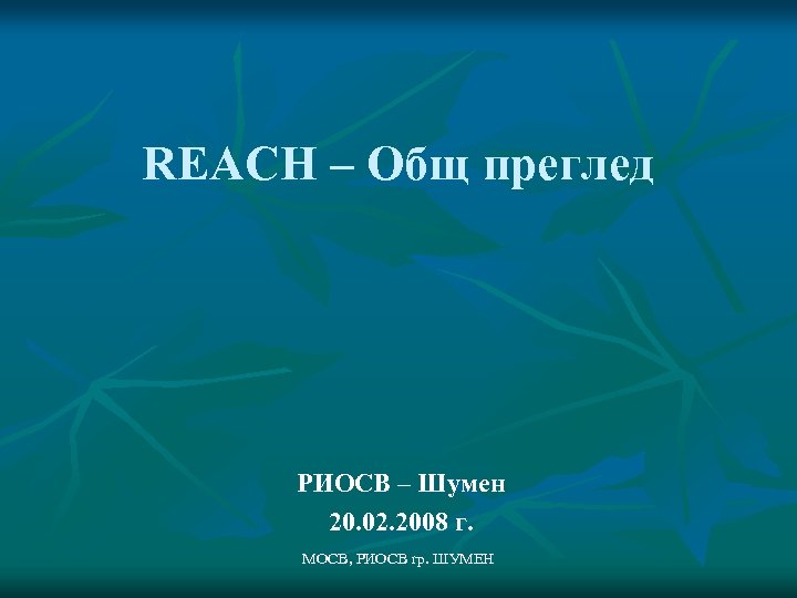 REACH – Общ преглед РИОСВ – Шумен 20. 02. 2008 г. МОСВ, РИОСВ гр.