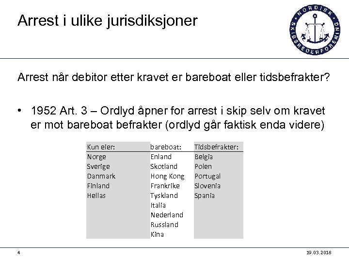 Arrest i ulike jurisdiksjoner Arrest når debitor etter kravet er bareboat eller tidsbefrakter? •