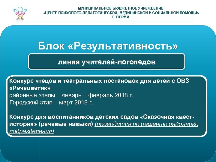 МУНИЦИПАЛЬНОЕ БЮДЖЕТНОЕ УЧРЕЖДЕНИЕ «ЦЕНТР ПСИХОЛОГО-ПЕДАГОГИЧЕСКОЙ, МЕДИЦИНСКОЙ И СОЦИАЛЬНОЙ ПОМОЩИ» Г. ПЕРМИ Блок «Результативность» линия