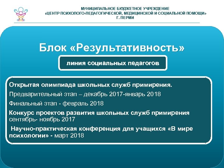 МУНИЦИПАЛЬНОЕ БЮДЖЕТНОЕ УЧРЕЖДЕНИЕ «ЦЕНТР ПСИХОЛОГО-ПЕДАГОГИЧЕСКОЙ, МЕДИЦИНСКОЙ И СОЦИАЛЬНОЙ ПОМОЩИ» Г. ПЕРМИ Блок «Результативность» линия