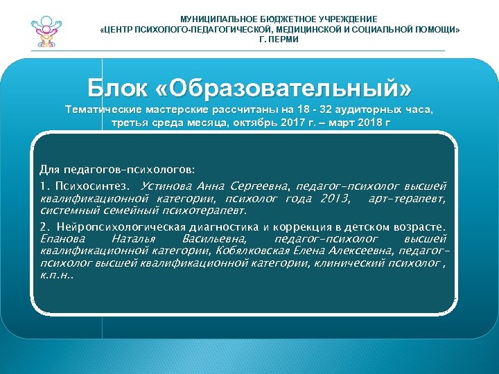МУНИЦИПАЛЬНОЕ БЮДЖЕТНОЕ УЧРЕЖДЕНИЕ «ЦЕНТР ПСИХОЛОГО-ПЕДАГОГИЧЕСКОЙ, МЕДИЦИНСКОЙ И СОЦИАЛЬНОЙ ПОМОЩИ» Г. ПЕРМИ Блок «Образовательный» Тематические