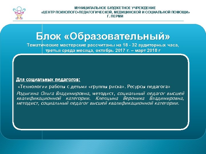 МУНИЦИПАЛЬНОЕ БЮДЖЕТНОЕ УЧРЕЖДЕНИЕ «ЦЕНТР ПСИХОЛОГО-ПЕДАГОГИЧЕСКОЙ, МЕДИЦИНСКОЙ И СОЦИАЛЬНОЙ ПОМОЩИ» Г. ПЕРМИ Блок «Образовательный» Тематические