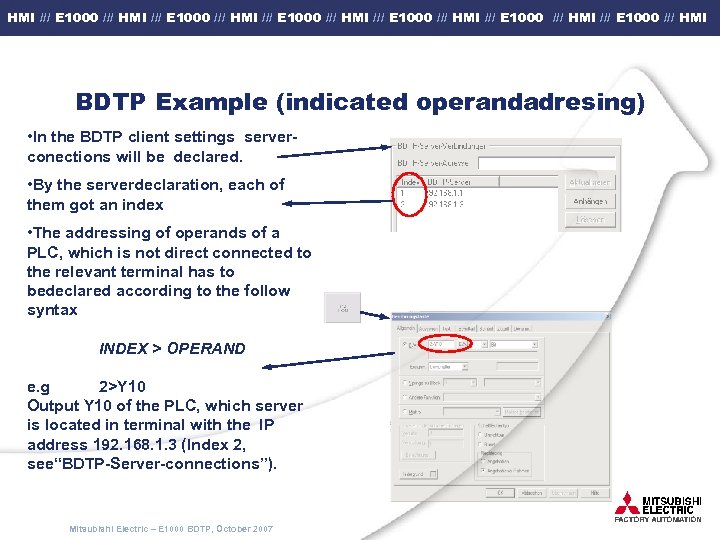 HMI /// E 1000 /// HMI /// E 1000 /// HMI BDTP Example (indicated