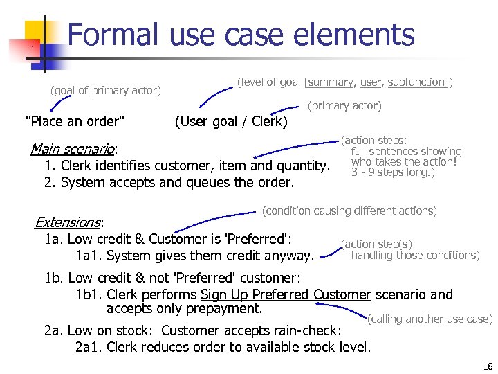 Formal use case elements (goal of primary actor) (level of goal [summary, user, subfunction])