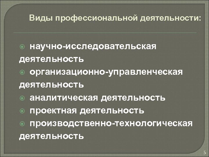 Виды профессиональной деятельности: научно-исследовательская деятельность организационно-управленческая деятельность аналитическая деятельность проектная деятельность производственно-технологическая деятельность 5
