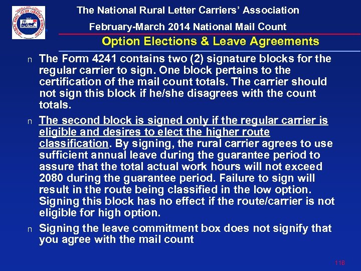 The National Rural Letter Carriers’ Association February-March 2014 National Mail Count Option Elections &