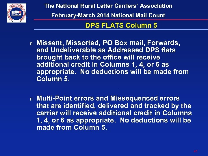 The National Rural Letter Carriers’ Association February-March 2014 National Mail Count DPS FLATS Column