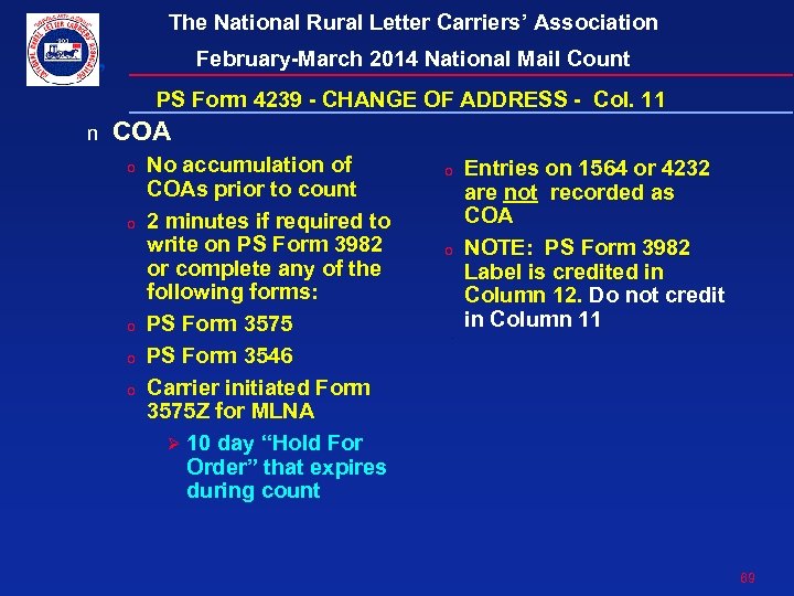 The National Rural Letter Carriers’ Association February-March 2014 National Mail Count PS Form 4239