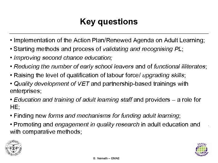 Key questions • Implementation of the Action Plan/Renewed Agenda on Adult Learning; • Starting