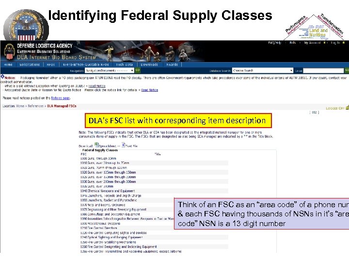 Identifying Federal Supply Classes DLA’s FSC list with corresponding item description Think of an