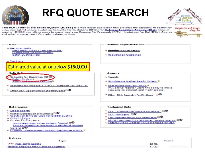 RFQ QUOTE SEARCH Estimated value at or below $150, 000 