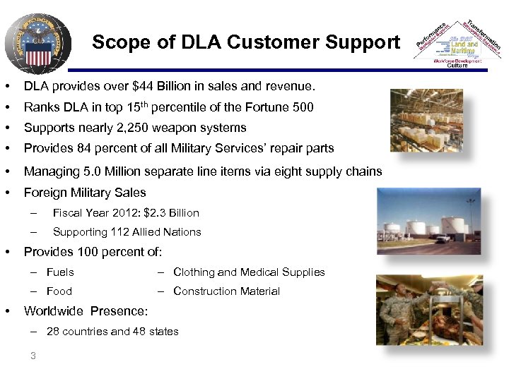 Scope of DLA Customer Support • DLA provides over $44 Billion in sales and